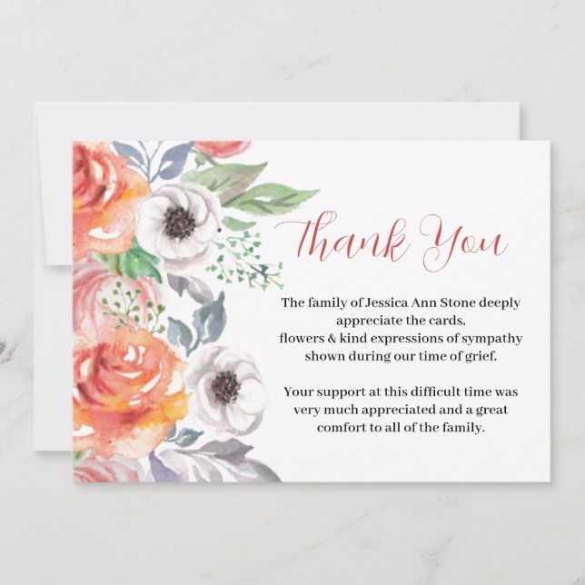Convites Rosas de simpatia Morte Funeral Floral Obrigado (Frente)