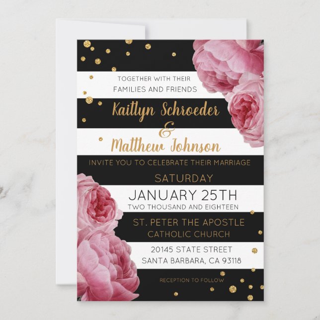 Convites Rosas de Stripe e Casamento Moderno de Pontos Bril (Frente)