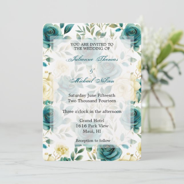 Convites Rosas de Teal Romântica Casamento Floral (Em pé/Frente)