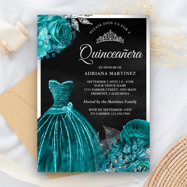Convites Rosas de Teto Negra Silver Quinceanera (Criador carregado)