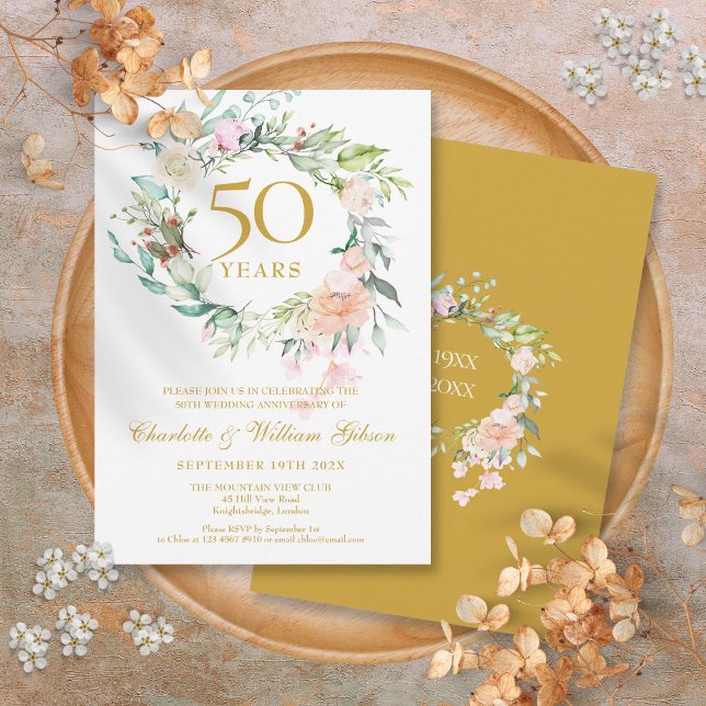 Convites Rosas de Verão Doce Garland 50º Aniversário (Sweet Summer Roses Garland 50th Anniversary Invitation)