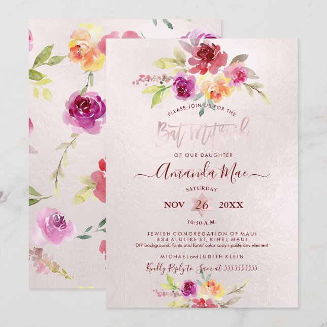 Convites Rosas de Verão PixDezines Bat Mitzvah (Frente/Verso)