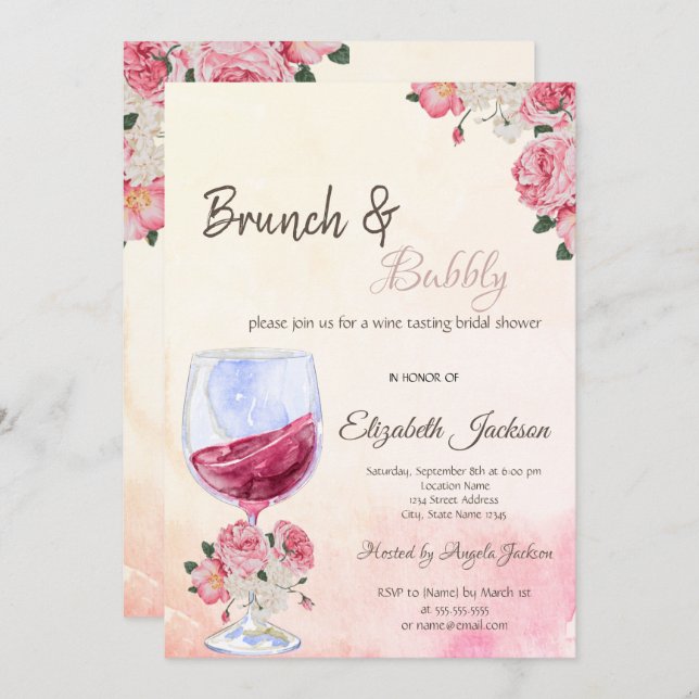 Convites Rosas De Vidro De Vinho Chá de panela De Aquarela (Frente/Verso)