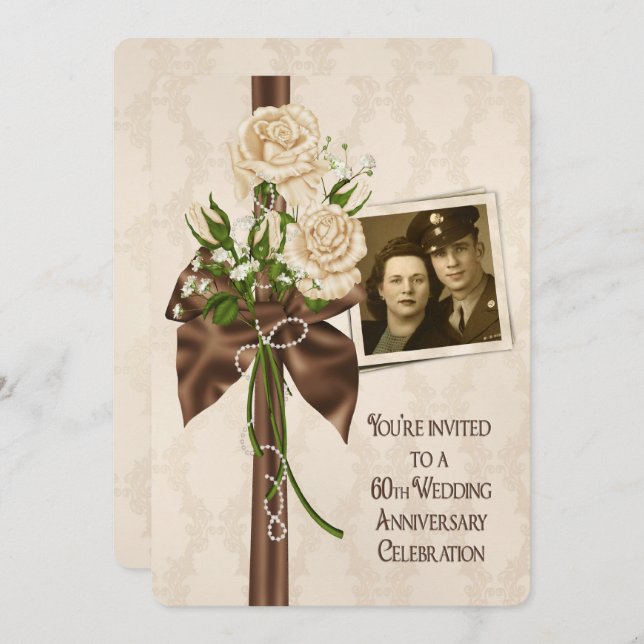 Convites Rosas do 60º Aniversário de Casamento (Frente/Verso)