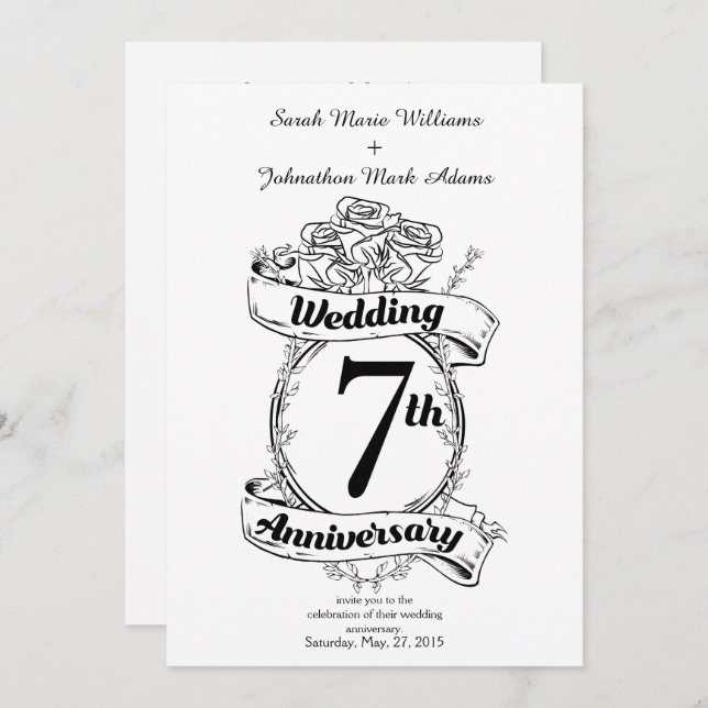 Convites Rosas do 7º Aniversário de Casamento (Frente/Verso)