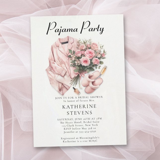 Convites Rosas do pijama Chá de panela de champanhe do part (pajama party bridal shower pj slumber sleepover champagne roses watercolor pink elegant classy)