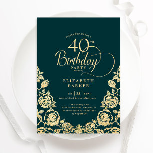 Convites Rosas Dourada aniversário de 40 anos Emerald Green