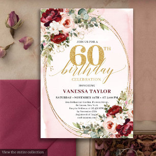 Convites Rosas Douradas Boho Românticas de Burgundy para 60