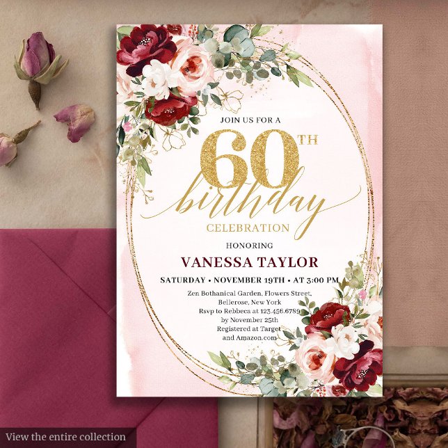 Convites Rosas Douradas Boho Românticas de Burgundy para 60 (Romantic Boho Burgundy Gold Roses 60th Birthday)