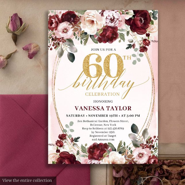 Convites Rosas Douradas Boho Rústico Burgundy 60º Aniversár (Rustic Boho Burgundy Gold Roses 60th Birthday)