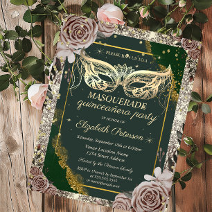 Convites Rosas Douradas de Mascarada Brilho Verde Quinceañe