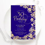 Convites Rosas Douradas Elegantes aniversário de 30 anos pú<br><div class="desc">Convite de festas de aniversário de 30 anos floral roxo e dourado. Design elegante com rosas, folha de ouro falsa e letra de script de tipografia. A Trendy convida o cartão perfeito para uma festa de na moda. Pode ser personalizado para qualquer idade. Personalize com seus próprios detalhes. Impressos convites...</div>