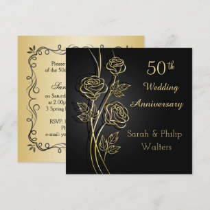 Convites Rosas douradas no 50º aniversário preto