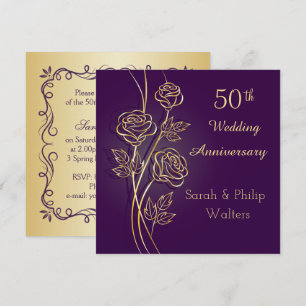 Convites Rosas douradas no 50º aniversário roxo