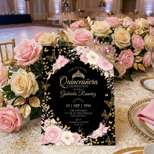 Convites Rosas Douradas Rosa e Preto Quinceañera
