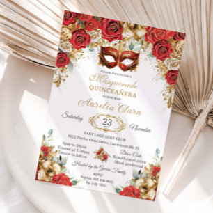Convites Rosas Douradas Vermelhas Baile de Máscaras Floral