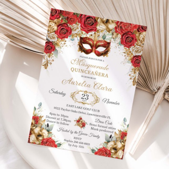 Convites Rosas Douradas Vermelhas Baile de Máscaras Floral  (Criador carregado)