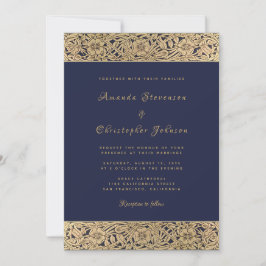 Convites Rosas Dourado Floral Azul Marinho Elegante Casamen