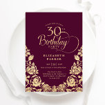 Convites Rosas Dourados aniversário de 30 anos Burgundy<br><div class="desc">Convite de festas aniversário de 30 anos elegante de ouro brilhante. Design clássico com rosas, folha de ouro falsa e letra de script de tipografia. A Trendy convida o cartão perfeito para uma festa de na moda. Personalize com seus próprios detalhes. Pode ser personalizado para qualquer idade. Impressos convites Zazzle...</div>
