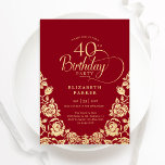Convites Rosas Dourados aniversário de 40 anos<br><div class="desc">Convite de festas aniversário de 40 anos de ouro vermelho elegante. Design clássico com rosas, folha de ouro falsa e letra de script de tipografia. A Trendy convida o cartão perfeito para uma festa de na moda. Personalize com seus próprios detalhes. Pode ser personalizado para qualquer idade. Impressos convites Zazzle...</div>