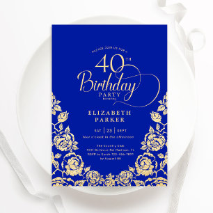 Convites Rosas Dourados aniversário de 40 anos Royal Blue