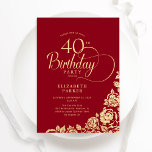 Convites Rosas Dourados aniversário de 40 anos Vermelho Ele<br><div class="desc">Convite de festas simples e elegante em vermelho e ouro. Design clássico com rosas, folha de ouro falsa e letra de script de tipografia. A Trendy convida o cartão perfeito para uma festa de na moda. Personalize com seus próprios detalhes. Pode ser personalizado para qualquer idade. Impressos convites Zazzle ou...</div>