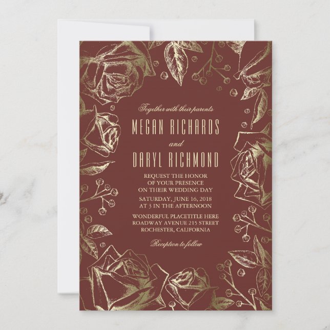 Convites Rosas Dourados - Casamento outono Borgonha de Mars (Frente)