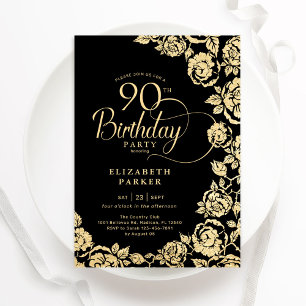 Convites Rosas Dourados de Aniversário 90 Elegante