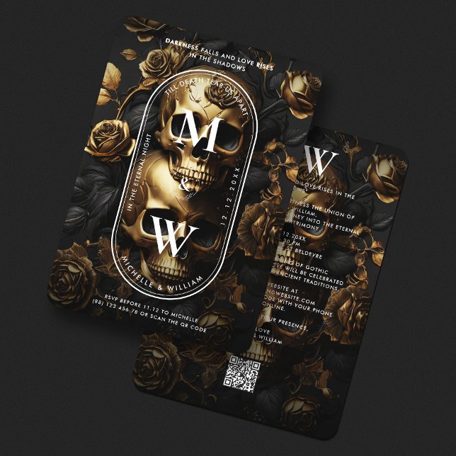 Convites Rosas Dourados de Caveira Pretos de Casamento Góti (Luxury Gothic Wedding Black Gold Skull Roses Invitation
)
