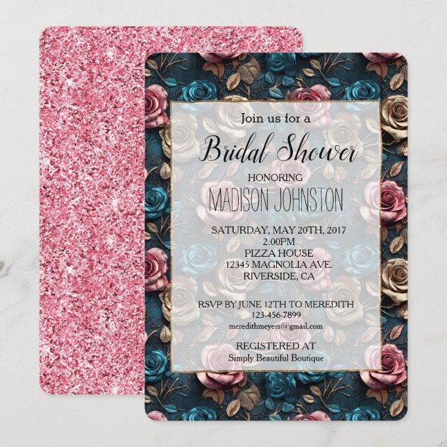 Convites Rosas Dourados de Champanhe de Aqua Rosa Girly (Frente/Verso)