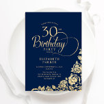Convites Rosas Dourados de Marinho Elegante Simples<br><div class="desc">Convite de festas simples e elegante em azul marinho e ouro. Design clássico com rosas, folha de ouro falsa e letra de script de tipografia. A Trendy convida o cartão perfeito para uma festa de na moda. Personalize com seus próprios detalhes. Pode ser personalizado para qualquer idade. Impressos convites Zazzle...</div>