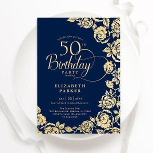 Convites Rosas Dourados do Elegante 50º aniversário do Mari