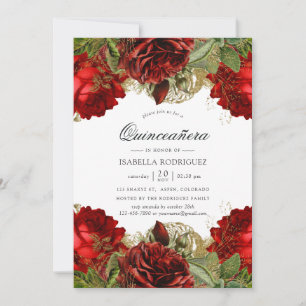 Convites Rosas Dourados e vermelhos Quinceañera