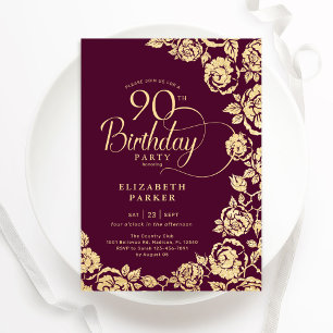 Convites Rosas Dourados Elegante 90 Birthday Burgundy