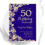 Convites Rosas Dourados Elegantes 50º aniversário<br><div class="desc">Convite de aniversário Floral Dourado roxo 50º. Design elegante com rosas,  folha de ouro falsa e letra de script de tipografia. A Trendy convida o cartão perfeito para uma festa de na moda. Pode ser personalizado para qualquer idade. Impressos convites Zazzle ou modelo de impressão digital instantânea para download.</div>
