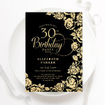 Convites Rosas Dourados Elegantes aniversário de 30 anos<br><div class="desc">Convite de festas aniversário de 30 anos floral de ouro preto. Design elegante com rosas, folha de ouro falsa e letra de script de tipografia. A Trendy convida o cartão perfeito para uma festa de na moda. Pode ser personalizado para qualquer idade. Personalize com seus próprios detalhes. Impressos convites Zazzle...</div>