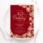 Convites Rosas Dourados Elegantes aniversário de 40 anos<br><div class="desc">Convite de festas de aniversário de 40 anos floral de ouro vermelho. Design elegante com rosas, folha de ouro falsa e letra de script de tipografia. A Trendy convida o cartão perfeito para uma festa de na moda. Pode ser personalizado para qualquer idade. Personalize com seus próprios detalhes. Impressos convites...</div>