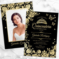 Rosas Dourados Pretos Borboletas Quinceanera Foto