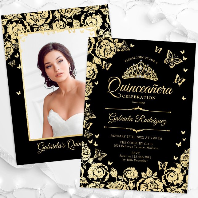 Convites Rosas Dourados Pretos Borboletas Quinceanera Foto (Criador carregado)