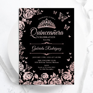Convites Rosas Dourados Rosa Negra Borboletas Quinceanera