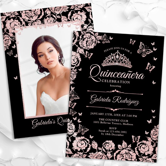 Convites Rosas Dourados Rosa preto Quinceanera Foto (Criador carregado)