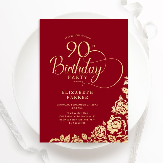 Convites Rosas Dourados Simples Elegantes 90 Birthday (Criador carregado)