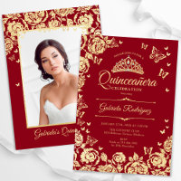 Rosas Dourados vermelhos Borboletas Quinceanera Fo