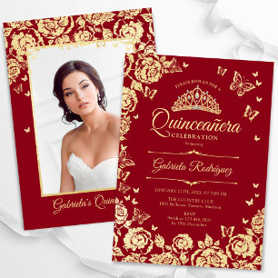 Convites Rosas Dourados vermelhos Borboletas Quinceanera Fo