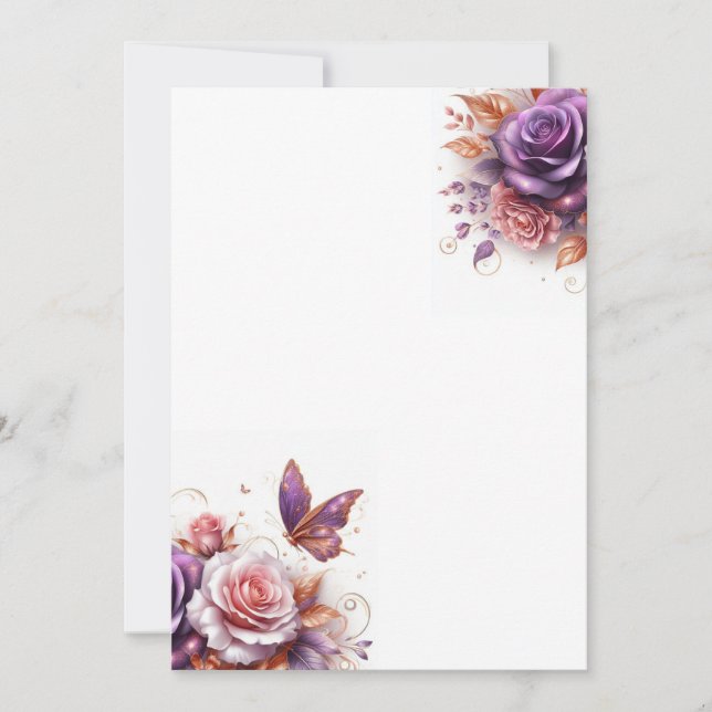 Convites Rosas e Borboleta Casamento em Branco (Frente)