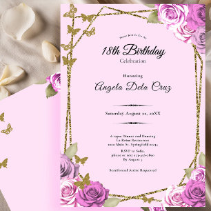 Convites Rosas e Borboletas Rosa 18º Aniversário de Debut