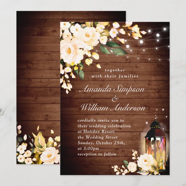 Convites Rosas e Lanterna Aquarela Wood & Blush Casamento (Frente/Verso)
