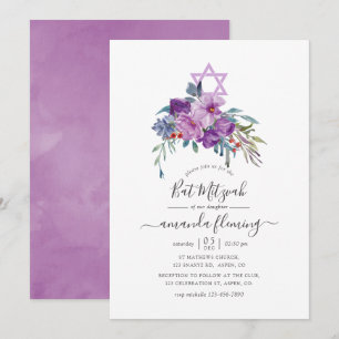 Convites Rosas e Magnólias Roxas em Aquarela Bat Mitzvah