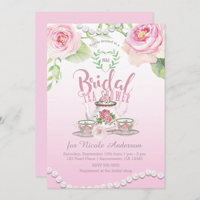 Convites Rosas e Pérolas Rosa, Chá de Chá Brida Elegante (Frente/Verso)