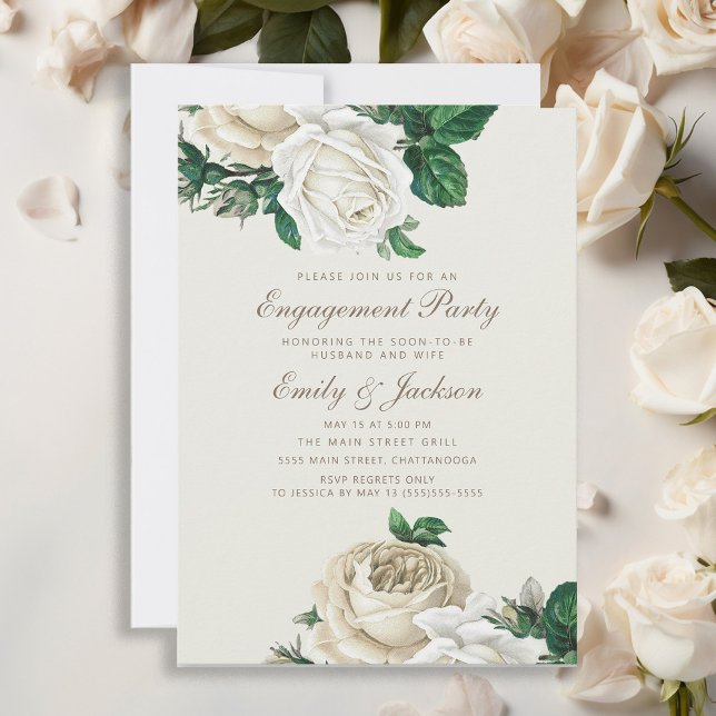 Convites Rosas Elegante Noivado Floral Branco (Elegant vintage roses and greenery engagement party invitation)